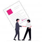 Deux personnes se serrant la main devant un contrat aux couleurs de BPHR Conseil