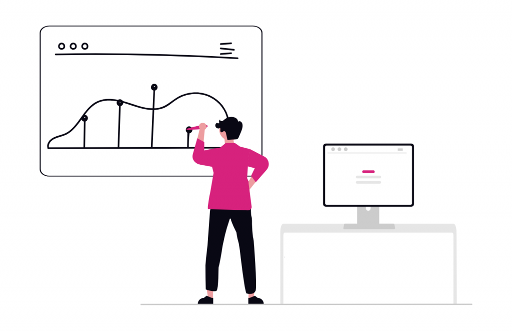 Bonhomme aux couleurs de BPHR conseil devant un graphique