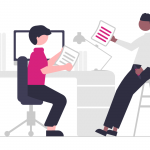 Deux personnes échangeant un document aux couleurs de BPHR Conseil